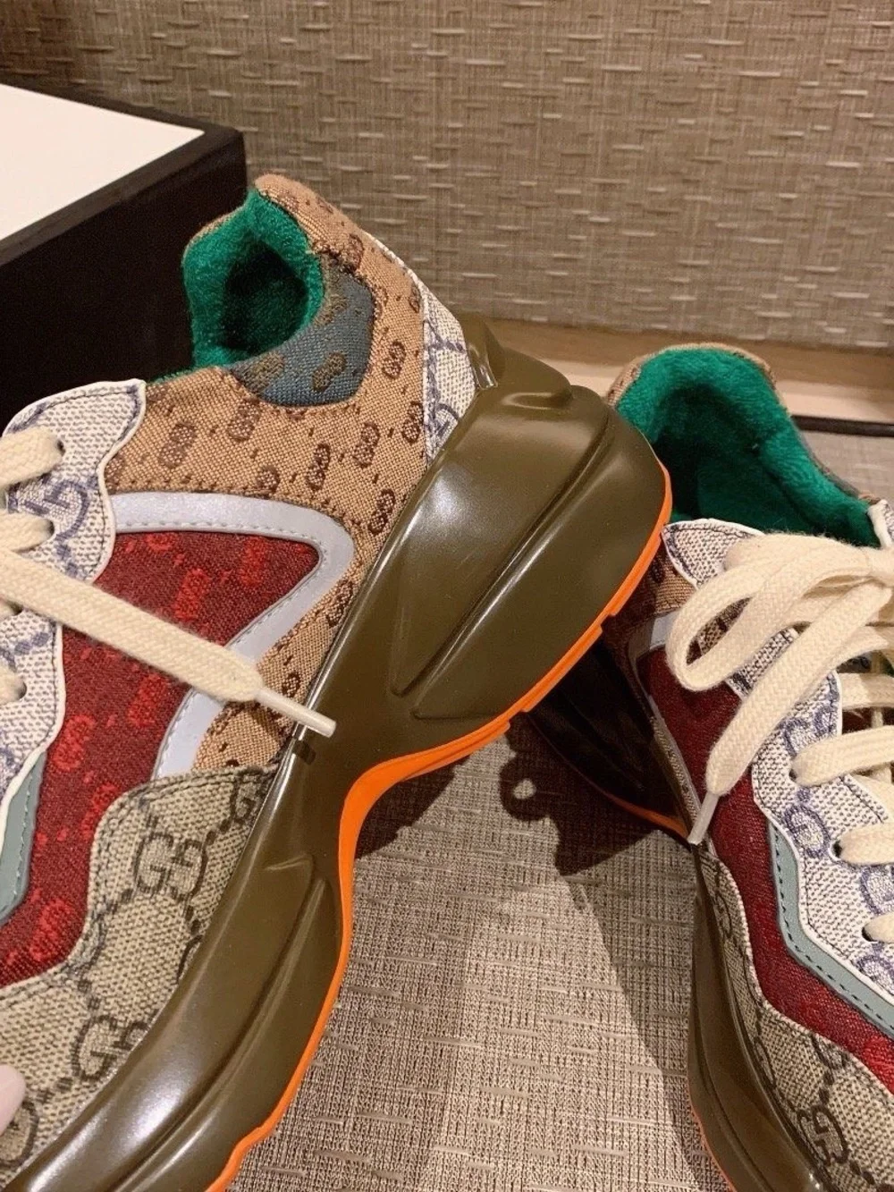 Gucci Brown GG Canvas Sneaker with Red, Green & Orange Accents